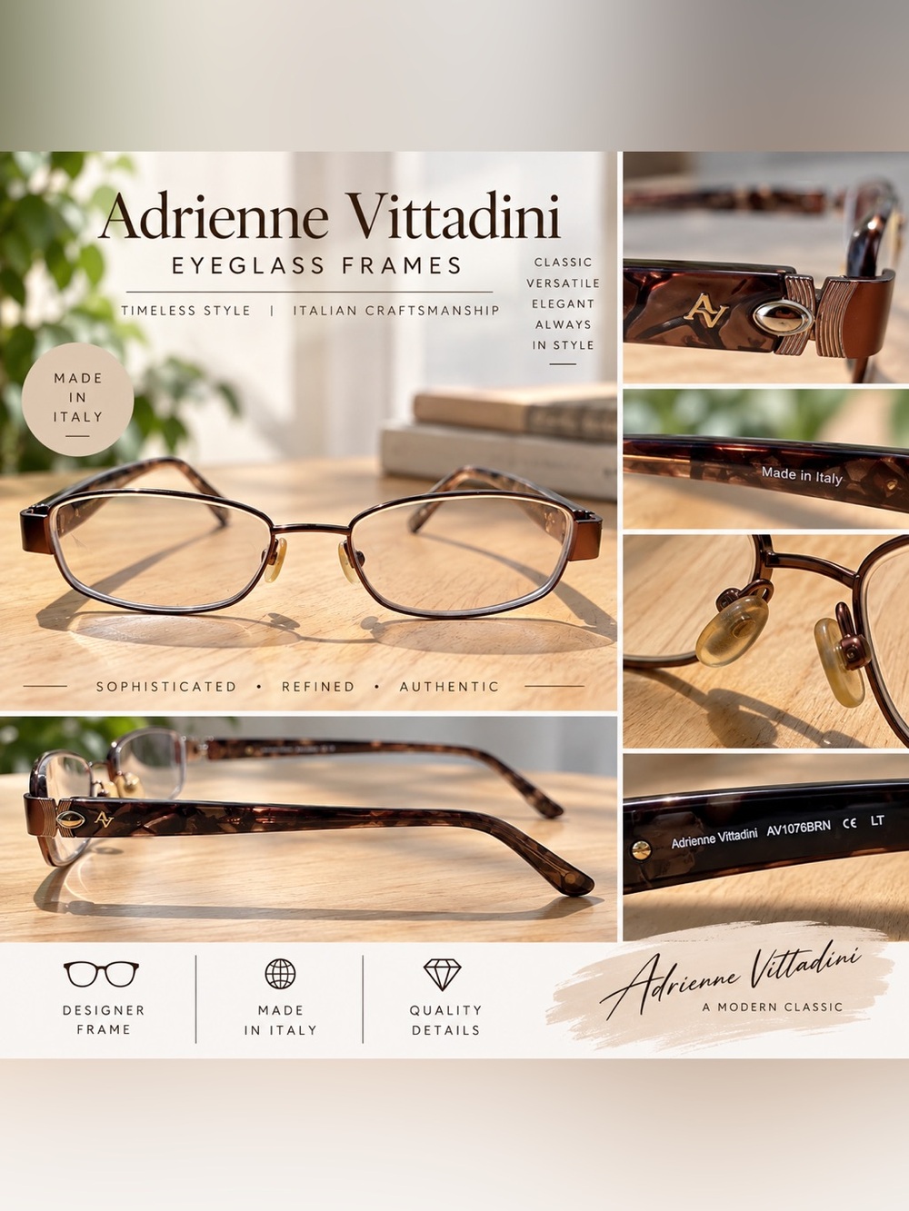 Adrienne Vittadini AV1076BRN Eyeglass Frames Made in Italy